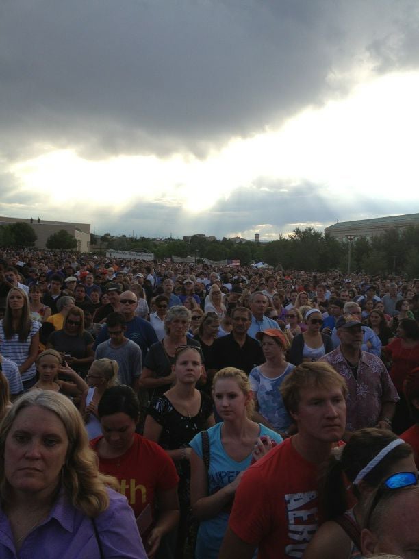 Thousands gather outside the Aurora Municipal Center in COlorado to remember the victims of the theater shooting, July 22, 2012. (photo credit: JTA/wscottbloyer/Twitter) Thousands gather outside the Aurora Municipal Center in COlorado to remember the victims of the theater shooting, July 22, 2012. (photo credit: JTA/wscottbloyer/Twitter)