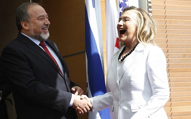 Foreign Minister Avigdor Liberman meets with then US secretary of state Hillary Clinton at the Foreign Ministry in Jerusalem, on July 16, 2012 (photo credit: Miriam Alster/Flash90) Foreign Minister Avigdor Liberman meets with then US secretary of state Hillary Clinton at the Foreign Ministry in Jerusalem, on July 16, 2012 (photo credit: Miriam Alster/Flash90)