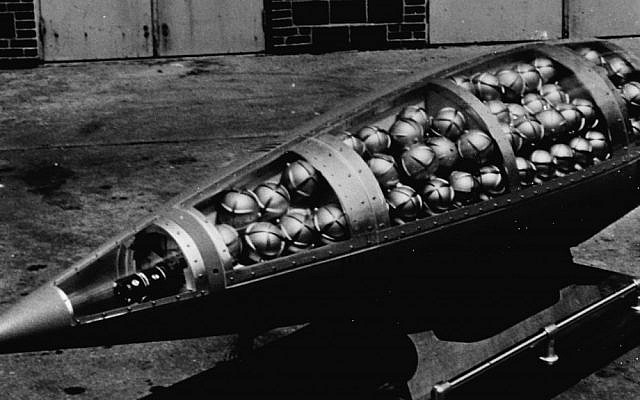 A sarin gas chemical warhead for the US Honest John rocket. It was designed to break apart and disperse the spherical bomblets of nerve agent. (photo credit: Public domain via Wikimedia Commons) A sarin gas chemical warhead for the US Honest John rocket. It was designed to break apart and disperse the spherical bomblets of nerve agent. (photo credit: Public domain via Wikimedia Commons)