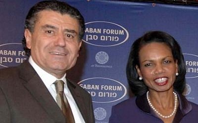 US television and media proprietor Haim Saban with US Secretary of State Condoleezza Rice, during the Saban Forum in Jerusalem, November 2007. (photo credit: FLASH90/Moshe Milner)