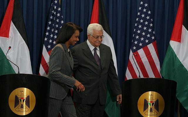 Condoleezza Rice, secretary of state, with Abbas in Ramallah in 2008. (photo credit: Issam Rimawi/Flash 90) Condoleezza Rice, secretary of state, with Abbas in Ramallah in 2008. (photo credit: Issam Rimawi/Flash 90)