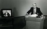 Former Prime Minister Yitzhak Shamir makes a TV appearance in 1986 (photo credit: Moshe Shai/Flash90)