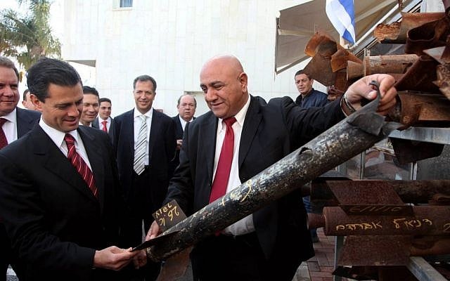 Enrique Peña Nieto (left), then governor of the state of Mexico, receives a briefing about Qassam rockets from Sderot Mayor David Buskila on February 3, 2010. (photo credit: Eddie Israel/Flash 90)