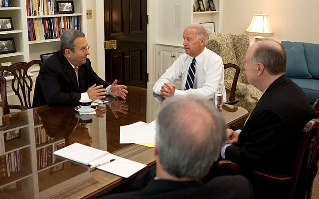 US National Security Advisor Tom Donilon (right) with Defense Minister Ehud Barak (left), and US Vice President Joe Biden, in the West Wing, Washington DC, July 2011. (photo credit: David Lienemann/White House/FLASH90)