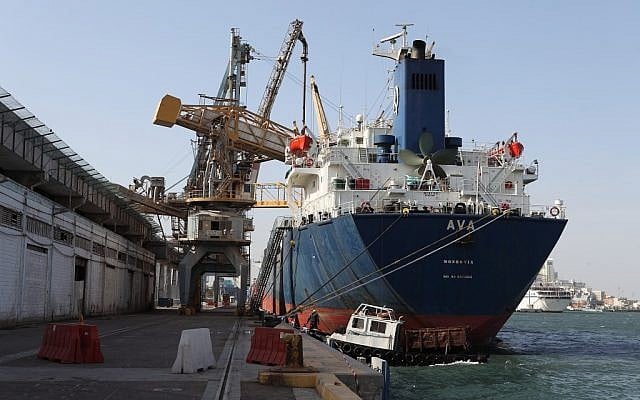 Illustrative photo of a cargo ship at the Haifa Port. (Yaakov Nahumi/Flash90)