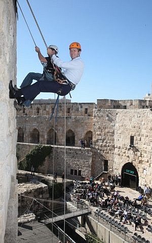 Jerusalem mayor Nir Barkat rappelling the Old City walls (photo credit: Yossi Zamir/Flash 90) Jerusalem mayor Nir Barkat rappelling the Old City walls (photo credit: Yossi Zamir/Flash 90)