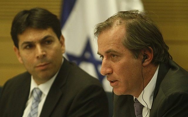 France’s ambassador to Israel Christophe Bigot, right, speaks  last year at a special hearing of the Knesset Immigrant Absorption Committee about the extradition of those suspected of killing Lee Zeitouni (photo credit: Uri Lenz/Flash90)