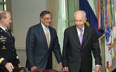 Then-US Defense Secretary Leon Panetta with President Shimon Peres in Washington DC, June 2012 (photo credit: Amos Ben Gershom/GPO/Flash90) US Defense Secretary Leon Panetta with President Shimon Peres in Washington DC, June 2012 (photo credit: Amos Ben Gershom/GPO/Flash90)