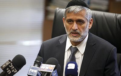 Interior Minister Eli Yishai speaks during a Shas party meeting at the Knesset in June (photo credit: Yonatan Sindel/Flash 90)