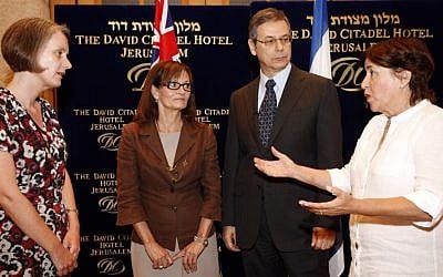 Ankie Spitzer (right), meets with Andrea Faulkner (left), the Australian ambassador to Israel, Deputy Foreign Minister Danny Ayalon and Elana Romano on July 3. Australia is urging the International Olympic Committee for a moment of silence at the 2012 London Olympics remembering the 11 Israeli athletes and coaches who were murdered at the Olympics '72. (Photo credit: Miriam Alster/Flash90)