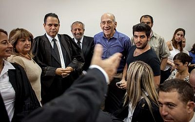 Olmert in the Jerusalem District Court on Tuesday. (Emil Salman/Pool/Flash90)