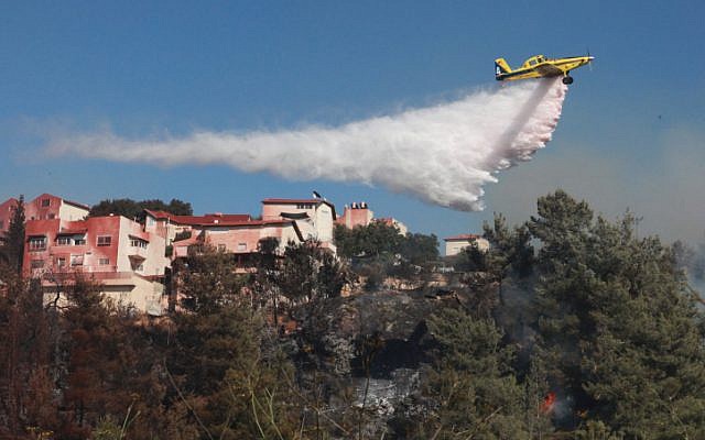 Airplanes and firefighters battle a forest fire which raged in the outskirts of Jerusalem on Sunday, July 15 (photo credit: Yossi Zamir/Flash90)