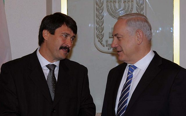 Prime Minister Benjamin Netanyahu with Hungarian President Janos Ader in Jerusalem on Tuesday (photo credit: Amos Ben Gershom/GPO/Flash90)