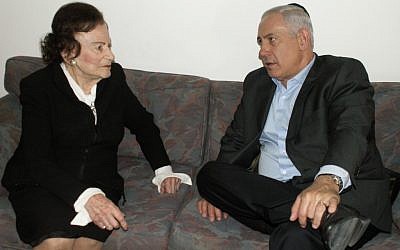 Miriam Ben-Porat meeting with Prime Minster Netanyahu after the death of Netayahu's father in May.  Ben-Porat died on Thursday at the age of 94 (photo credit: GPO/Flash90)
