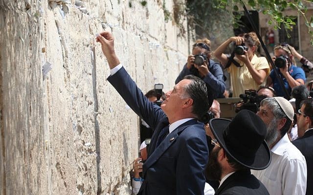 Mitt Romney during a visit to Jerusalem's Western Wall in July (photo credit: Yossi Zamir/Flash 90)