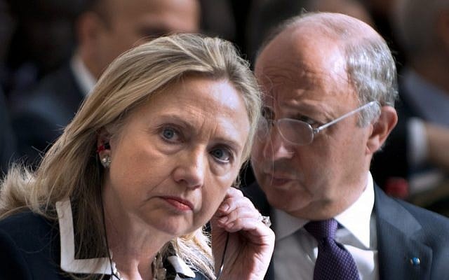 US Secretary of State Hillary Rodham Clinton, with French Foreign Minister Laurent Fabius behind her, in Paris in July. (AP/Brendan Smialowski)