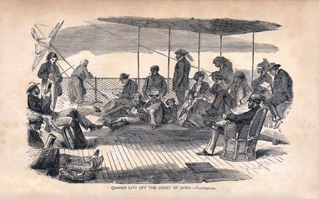 An illustration of passengers aboard the Quaker City off the coast of Beirut. The Quaker City was the steamship that brought Mark Twain to these 'desolate' shores. (Photo credit: Courtesy: National Library of Israel) An illustration of passengers aboard the Quaker City off the coast of Beirut. The Quaker City was the steamship that brought Mark Twain to these 'desolate' shores. (Photo credit: Courtesy: National Library of Israel)