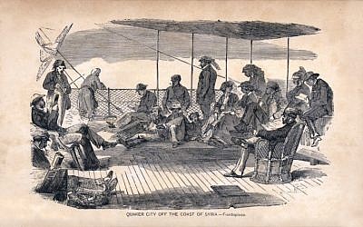 An illustration of passengers aboard the Quaker City off the coast of Beirut. The Quaker City was the steamship that brought Mark Twain to these 'desolate' shores. (Photo credit: Courtesy: National Library of Israel)
