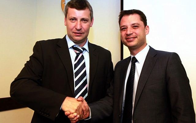Tourism Minister Stas Misezhnikov (left) met with his Bulgarian counterpart Delyan Dobrev in Jerusalem on July 30. (photo credit: Yossi Zamir/Tourism Ministry)