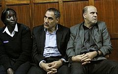 Iranian nationals Sayed Mansour Mousavi, center, and Ahmad Abolfathi Mohammad, right, in the Nairobi magistrates court in Nairobi, Kenya, where they faced charges related to the possession of explosives. (photo credit: AP/Khalil Senosi, File)