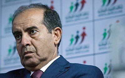 Mahmoud Jibril speaks to the media at National Forces Allies headquarters in Tripoli, Libya on July 8 (photo credit: AP/Manu Brabo)
