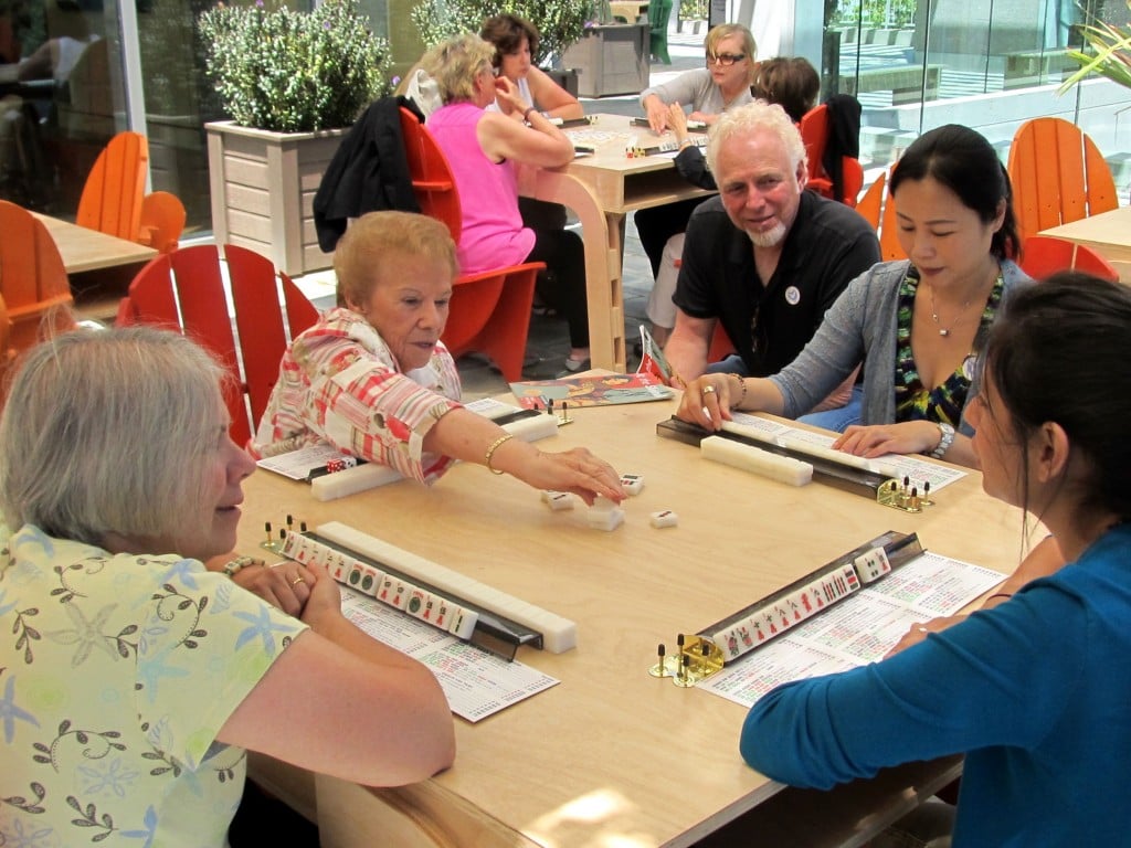 A friendly mah jongg game on the terrace of the Skirball Cultural Center in Los Angeles, June 2012. (photo credit: Edmon J. Rodman/JTA)