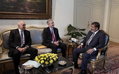 Mohammed Morsi meets with US Undersecretary of State William Burns in Cairo Sunday (photo credit: AP Photo/Maya Alleruzzo)