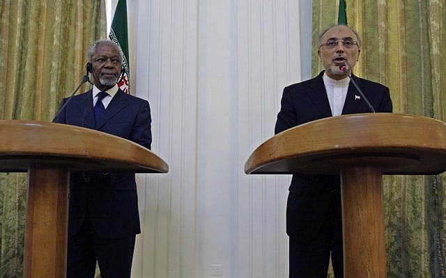 International envoy Kofi Annan (l) and Iranian Foreign Minister Ali Akbar Salehi, in a joint press conference after meeting in Tehran on July 10, 2012. (photo credit: Vahid Salemi/AP) International envoy Kofi Annan (l) and Iranian Foreign Minister Ali Akbar Salehi, in a joint press conference after meeting in Tehran on July 10, 2012. (photo credit: Vahid Salemi/AP)