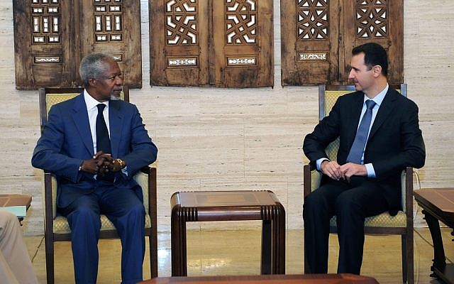 Kofi Annan, left, meeting with Syrian President Bashar Assad in Damascus earlier this month. (photo credit: AP/SANA) Kofi Annan, left, meeting with Syrian President Bashar Assad in Damascus earlier this month. (photo credit: AP/SANA)