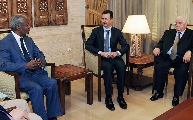 Former UN chief Kofi Annan, left, Syrian President Bashar Assad, center, and Syrian Foreign Minister Walid Muallem meeting in Damascus in July (photo credit: AP/SANA) Former UN chief Kofi Annan, left, Syrian President Bashar Assad, center, and Syrian Foreign Minister Walid Muallem meeting in Damascus in July (photo credit: AP/SANA)
