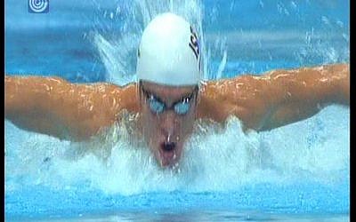 Israeli swimmer Gal Nevo competes in the 200 meters Mens Butterfly on Monday, July 30 (image capture channel 1) Israeli swimmer Gal Nevo competes in the 200 meters Mens Butterfly on Monday, July 30 (image capture channel 1)