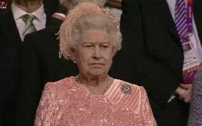 Queen Elizabeth II arrives at the opening ceremony of the London Olympics (image capture Channel1)