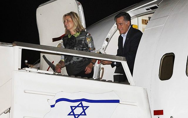 Republican presidential candidate and former Massachusetts Gov. Mitt Romney and wife Ann arrive in Tel Aviv. (photo credit: AP) Republican presidential candidate and former Massachusetts Gov. Mitt Romney and wife Ann arrive in Tel Aviv. (photo credit: AP)