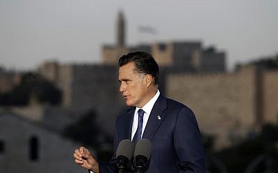 Republican presidential nominee Mitt Romney delivers a speech in Jerusalem in July (photo credit: AP/Charles Dharapak)