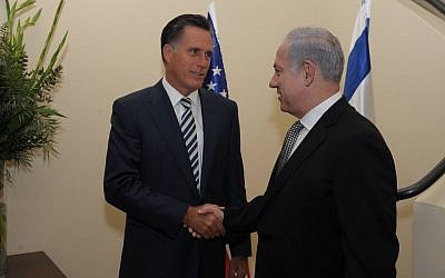 Republican presidential candidate Mitt Romney meets with Prime Minister Benjamin Netanyahu in Jerusalem, January 13, 2011. (photo credit: Amos Ben Gershom/GPO/JTA)