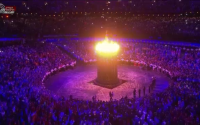 The Olympic flame at the 2012 London Olympic Games. (photo credit: Image capture from Channel 1)
