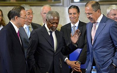 Russian Foreign Minister Sergey Lavrov (right) speaks with UN Special Envoy Kofi Annan (center) and UN Secretary General Ban Ki-moon (left) in Geneva, June 2012 (photo credit: AP/Keystone, Martial Trezzini)
