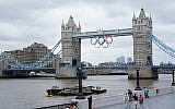 The Tower Bridge in London, decorated with the five Olympic rings in preparation for the 2012 Summer Games, June 2012. (photo credit: Iain Farrell via CC/JTA)