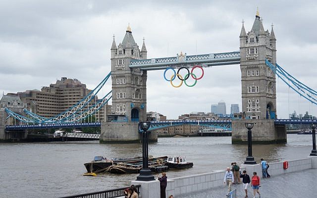 The Tower Bridge in London, decorated with the five Olympic rings in preparation for the 2012 Summer Games, June 2012. (photo credit: Iain Farrell via CC/JTA) The Tower Bridge in London, decorated with the five Olympic rings in preparation for the 2012 Summer Games, June 2012. (photo credit: Iain Farrell via CC/JTA)