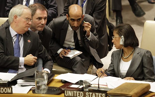 British ambassador to the UN Mark Lyall Grant, far left, and former US ambassador Susan Rice at the United Nations in New York, in July 2012. (photo credit: AP/Kathy Willens) British ambassador to the UN Mark Lyall Grant, far left, and former US ambassador Susan Rice at the United Nations in New York, in July 2012. (photo credit: AP/Kathy Willens)