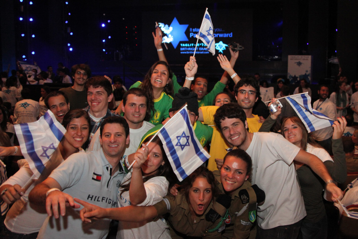 Young Jews from all over the world participating in the Taglit Birthright program at an event held at the International Conference Center in Jerusalem, Janurary 2012. Taglit-Birthright is a free 10-day educational trip offered to Jews age 18 to 26. (photo credit: Marc Israel Sellem Flash90)