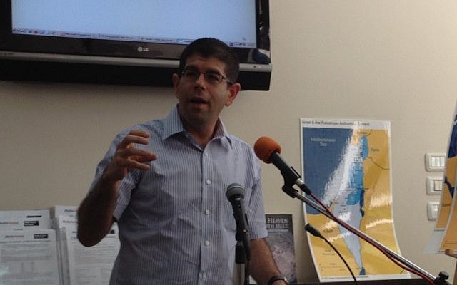 Peace Now director Yariv Oppenheimer speaking in Jerusalem this week (photo credit: Raphael Ahren/Times of Israel)