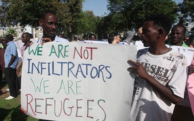 Migrants from South Sudan gather in Tel Aviv to protest Israeli immigration policy on June 10 (photo credit: Roni Schutzer/FLASH90)