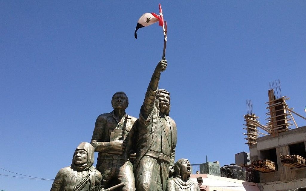 Statue in Majdal Shams commemorating the Druze uprising against French colonialism in the 1920s. In August 2012, a Syrian flag flew from the sword of Sultan Al-Atrash (Elhanan Miller/Times of Israel photo) Statue in Majdal Shams commemorating the Druze uprising against French colonialism in the 1920s. In August 2012, a Syrian flag flew from the sword of Sultan Al-Atrash (Elhanan Miller/Times of Israel photo)