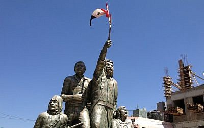 Statue in Majdal Shams commemorating the Druze uprising against French colonialism in the 1920s. In August 2012, a Syrian flag flew from the sword of Sultan Al-Atrash (Elhanan Miller/Times of Israel photo)
