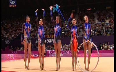 Israel's rhythmic gymnastics team performs on Sunday. (photo credit: Channel 1 screenshot)