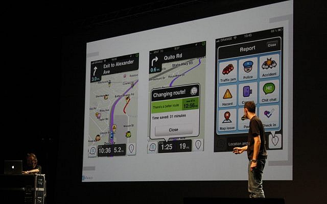 Waze manager Dror Cohen giving a presentation on the app in 2012. (photo credit: CC-BY frontiersofinteraction, Flickr)