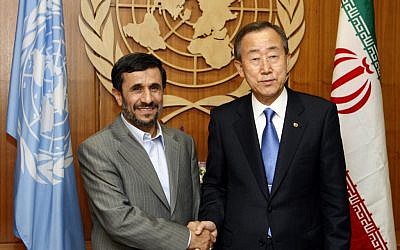 Iranian President Mahmoud Ahmadinejad, left, meets with UN Secretary-General Ban Ki-moon at United Nations headquarters in 2009. (photo credit: AP/Jason DeCrow)