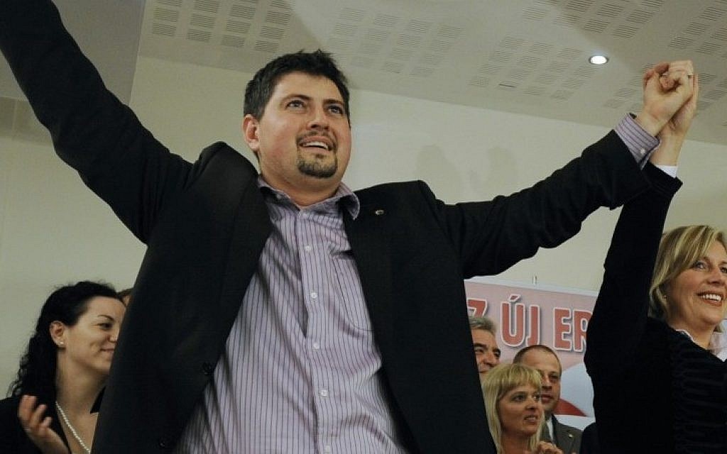 Csanad Szegedi celebrating his entry into the European Parliament after the European parliamentary election in Budapest, Hungary in 2009. (photo credit: AP Photo/Bela Szandelszky, File) Csanad Szegedi celebrating his entry into the European Parliament after the European parliamentary election in Budapest, Hungary in 2009. (photo credit: AP Photo/Bela Szandelszky, File)