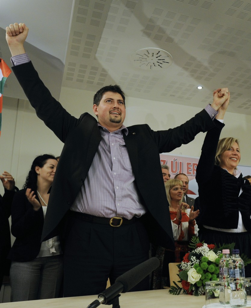 Csanad Szegedi celebrating his entry into the European Parliament after the European parliamentary election in Budapest, Hungary in 2009. (photo credit: AP Photo/Bela Szandelszky, File) Csanad Szegedi celebrating his entry into the European Parliament after the European parliamentary election in Budapest, Hungary in 2009. (photo credit: AP Photo/Bela Szandelszky, File)